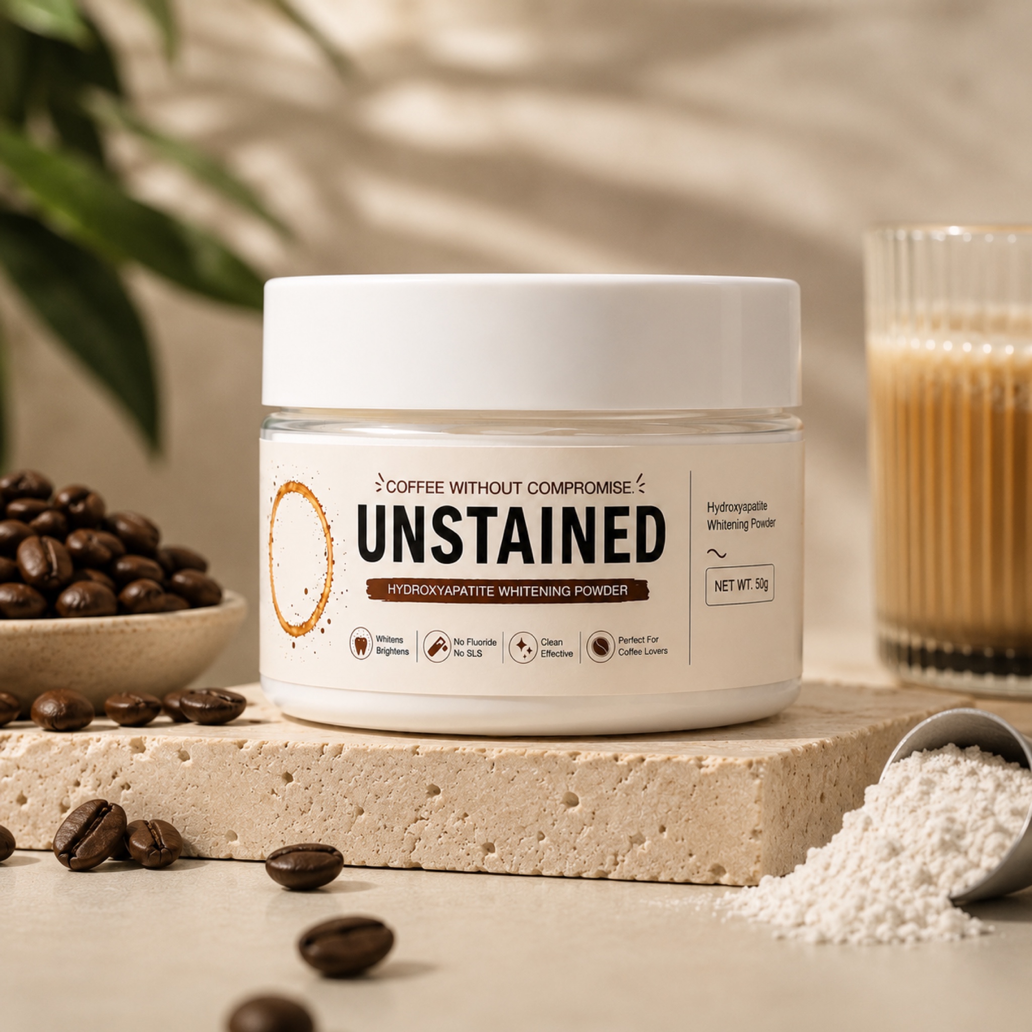 UNSTAINED jar on travertine with coffee beans, a latte and a scoop of powder